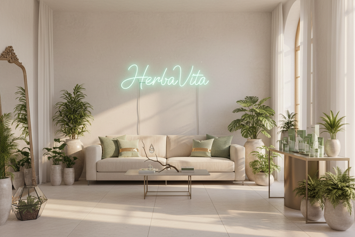 Tema Shopify HerbaVita: verde salvia #c2ddc9, neon verde menta, oro tenue #d4af37, rametto con goccia, piante, divano crema, scritta neon "HerbaVita" sul muro, prodotti Herbalife beauty, luce golden hour, stile chic italiano, fotorealistico 8k --ar 16:9